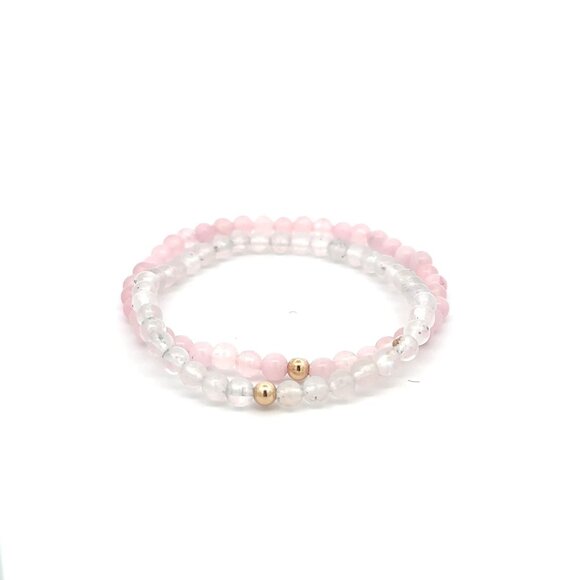 RAFANTHIA Jewelry - Moonstone & Rose Quartz Gemstone Stretch Bracelet with 14K Gold Accent Bead Hand